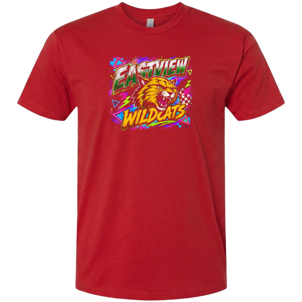 A red t-shirt with a graphic design featuring a stylized depiction of a wildcat and the text "EASTVIEW WILDCATS" printed on it.