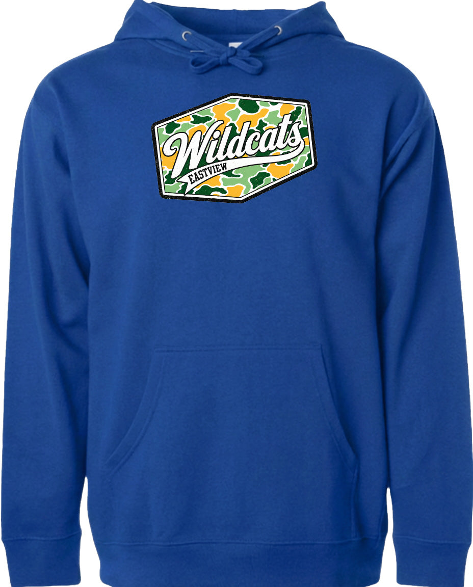 A blue hoodie with a camouflage-patterned logo on the front.
