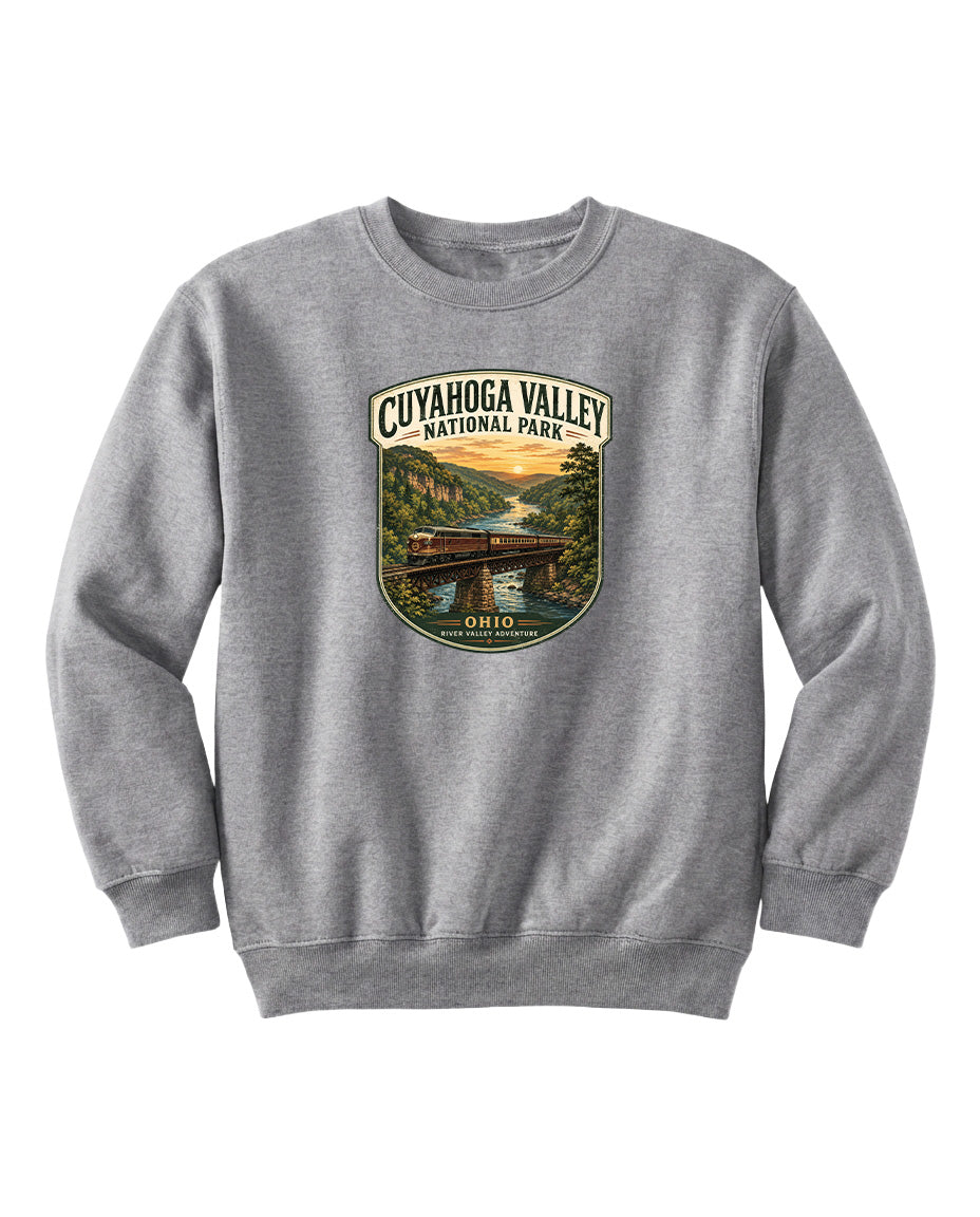 A gray sweatshirt with a graphic design depicting a scenic view of the Cuyahoga Valley National Park in Ohio.