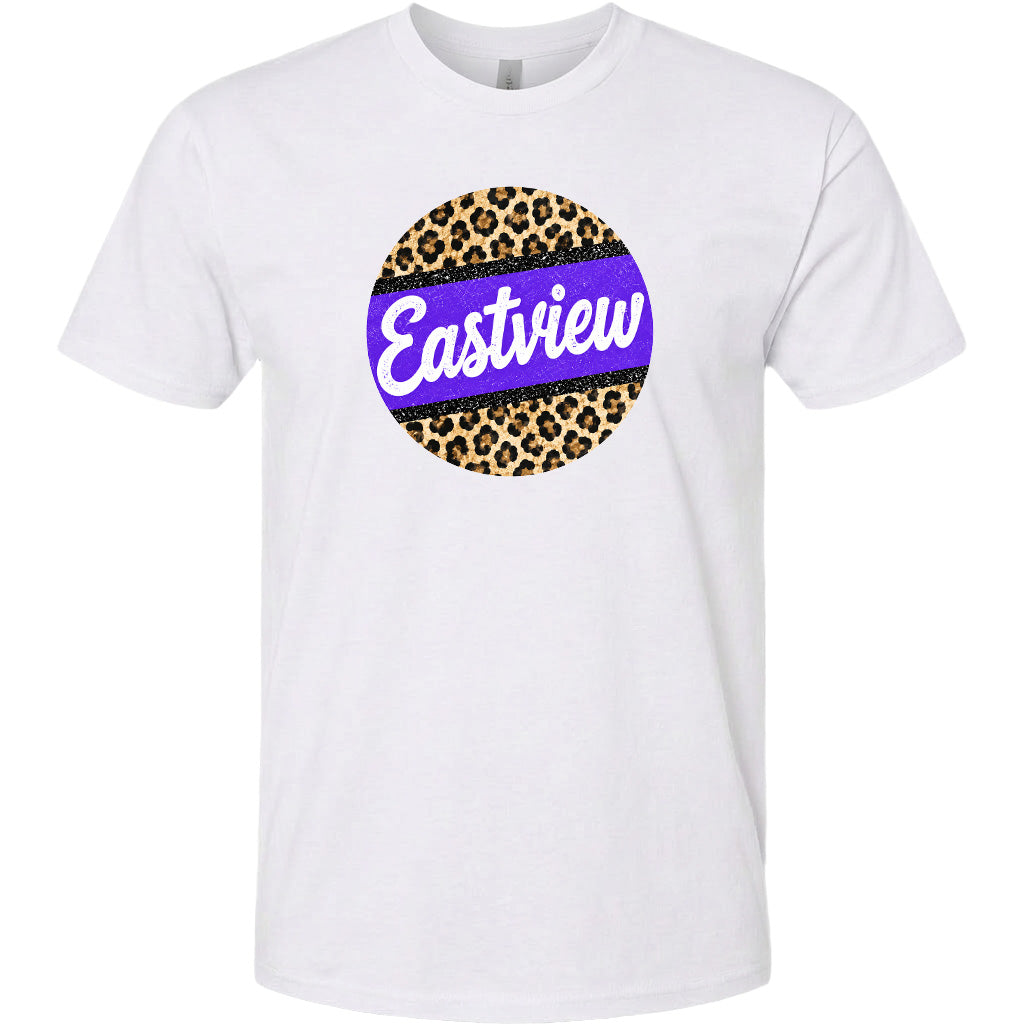 A white t-shirt with a circular graphic design featuring a leopard print pattern and the word "Eastview" written in purple text.