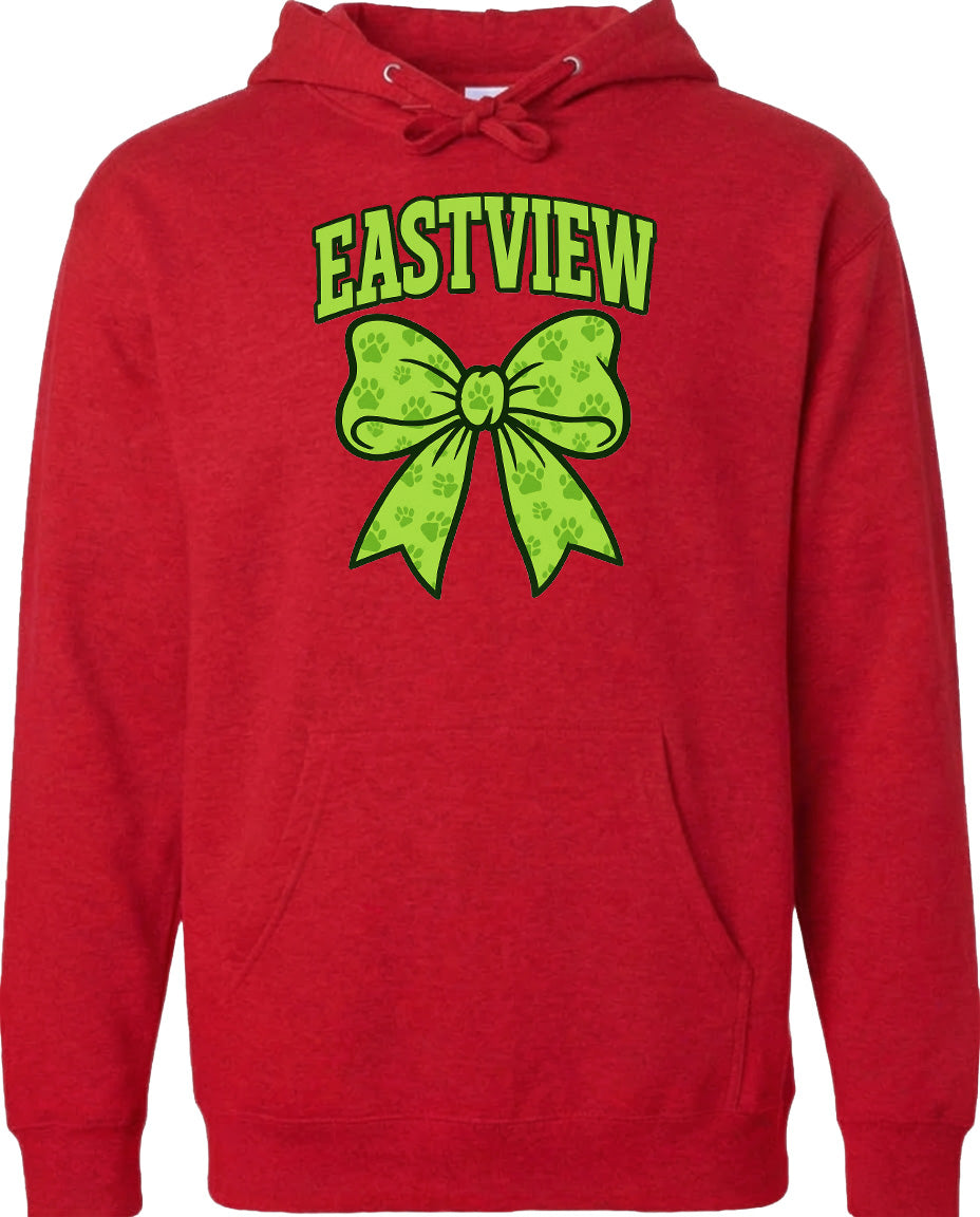 A red hoodie with a green bow and the word "EASTVIEW" printed on it.