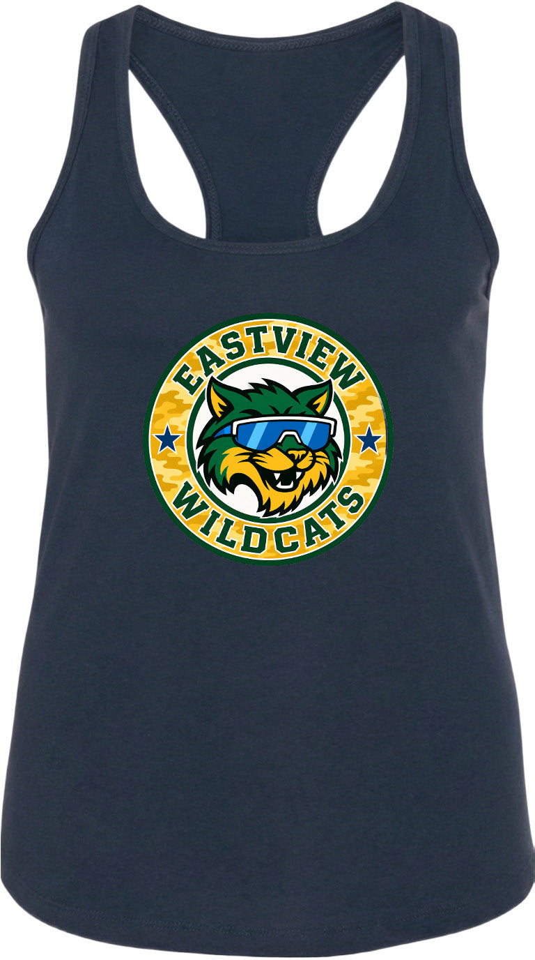 A navy blue tank top with a graphic design featuring a cartoon cat wearing sunglasses and the text "EASTVIEW WILDCATS" around it.