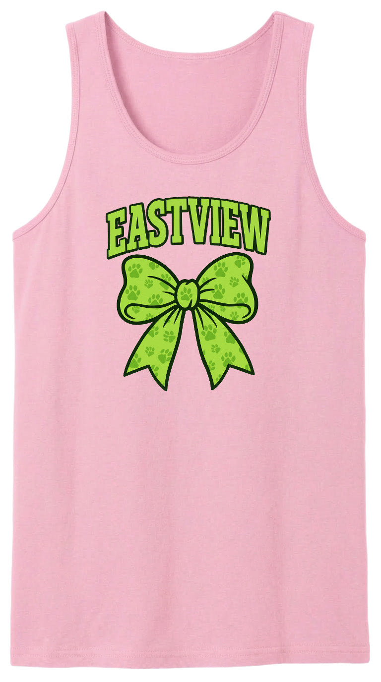A pink tank top with a green bow and the text "EASTVIEW" printed on it.