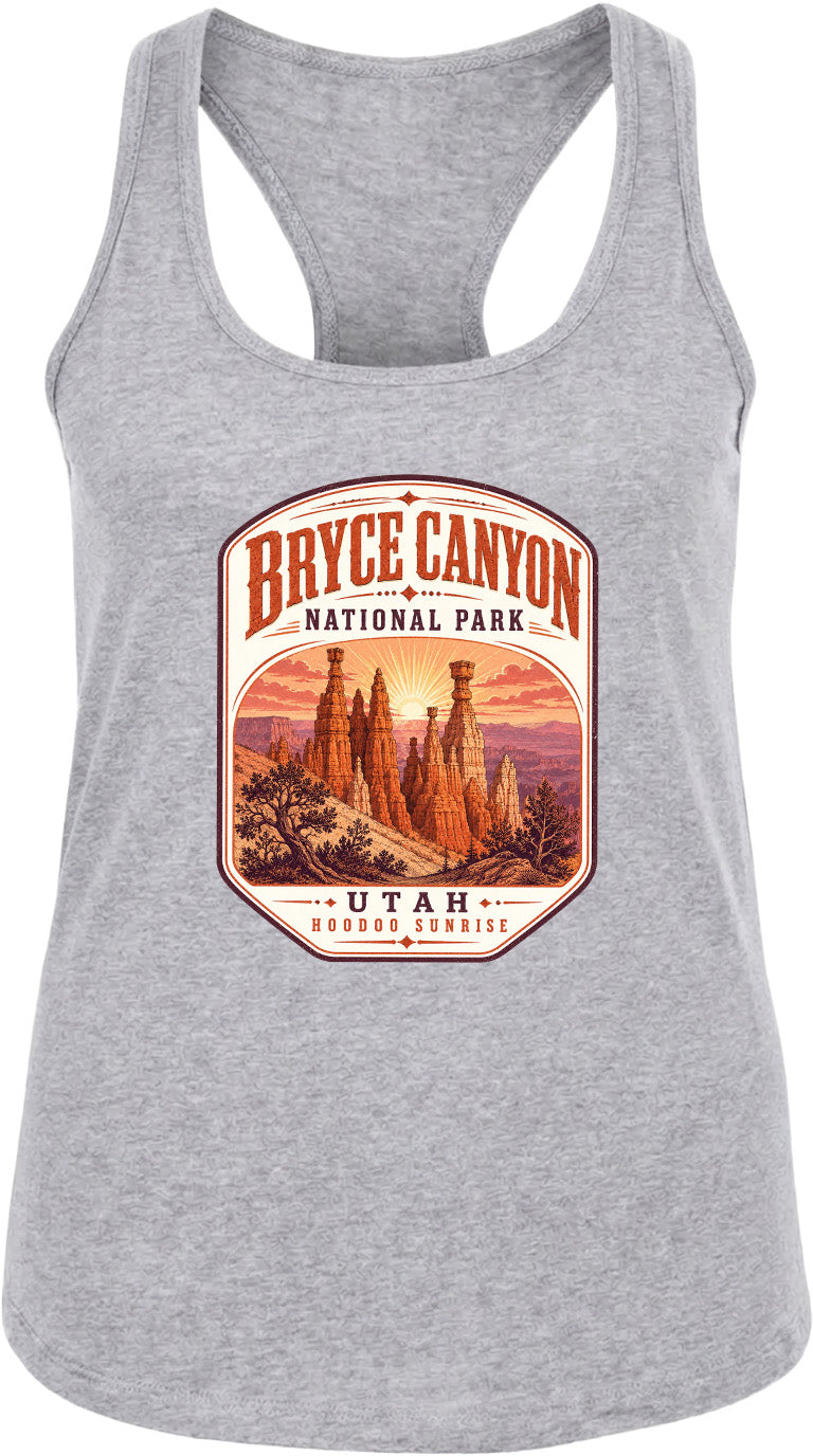 A gray tank top with a graphic design depicting Bryce Canyon National Park and Utah.