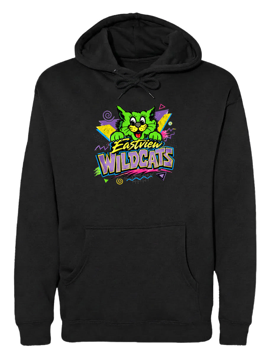 A black hoodie with a colorful graphic design featuring a cartoon cat and the text "Eastview Wildcats".
