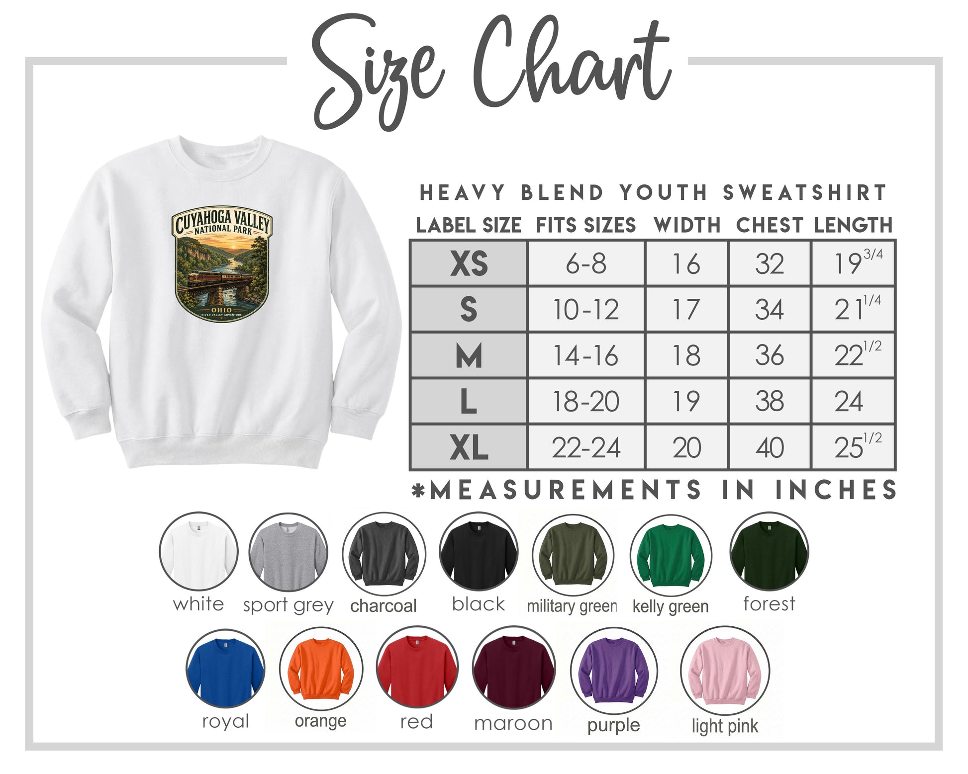 The image is a size chart for a heavy blend youth sweatshirt, including various color options and corresponding measurements in inches.