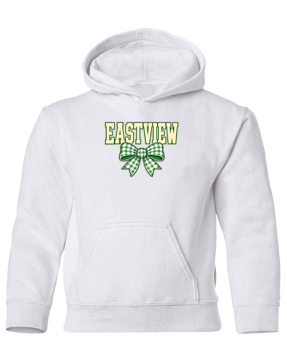 A white hoodie with a green and white bow on the front.