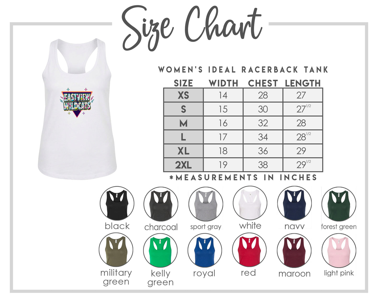 The image is a size chart for a women's ideal racerback tank, including various color options and corresponding chest length measurements.