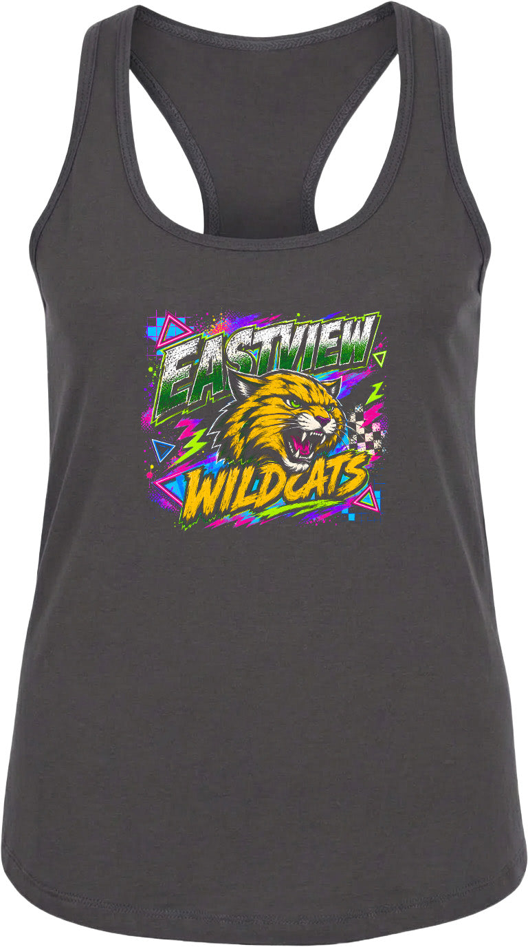 A gray tank top with a graphic design featuring a cat's head and the text "EASTVIEW WILDCATS" in a colorful, retro-style font.