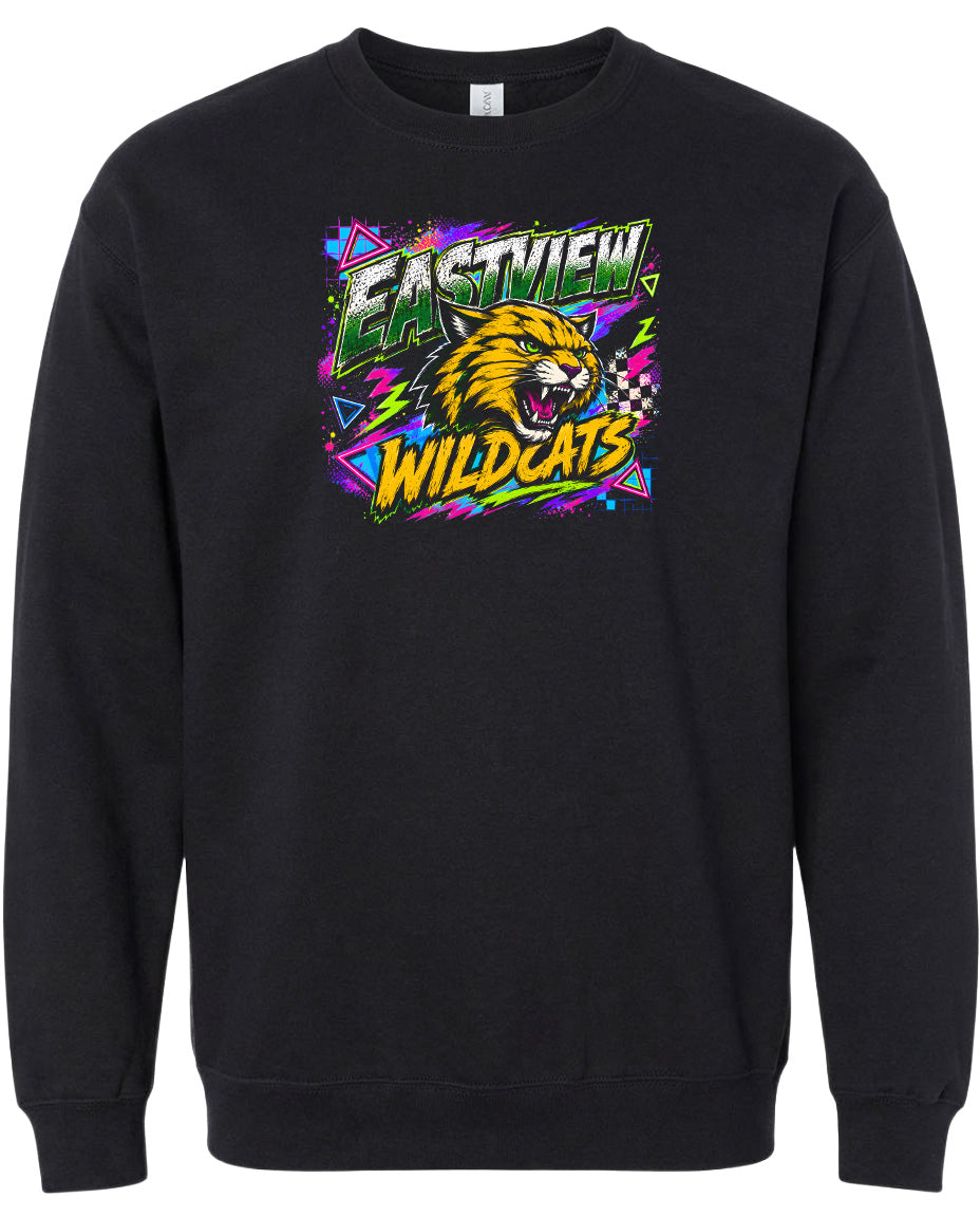 A black sweatshirt with a graphic design featuring a fierce-looking cat or feline face surrounded by colorful, abstract shapes and text.