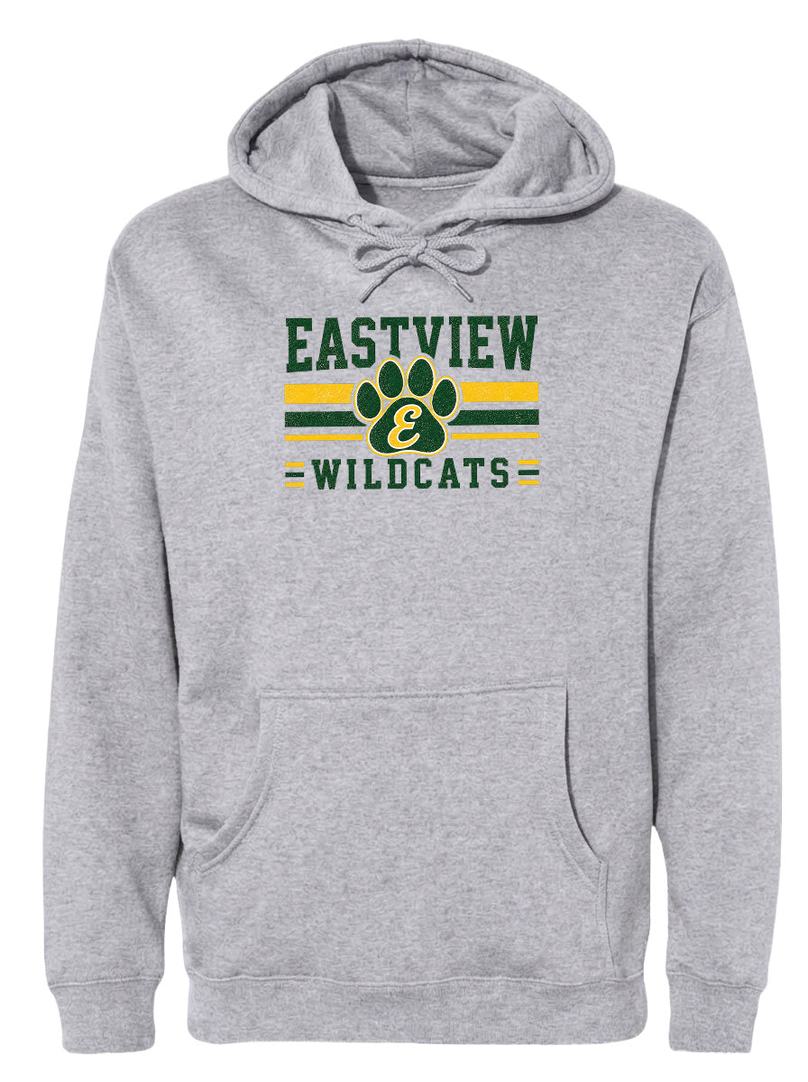 A gray hoodie with a graphic design featuring a paw print and the text "EASTVIEW WILDCATS".