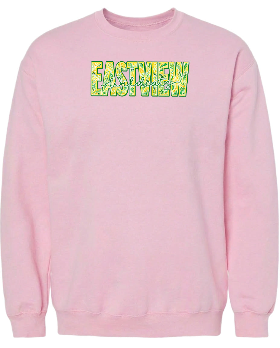 A pink sweatshirt with the text "EASTVIEW" printed on it in a stylized font.