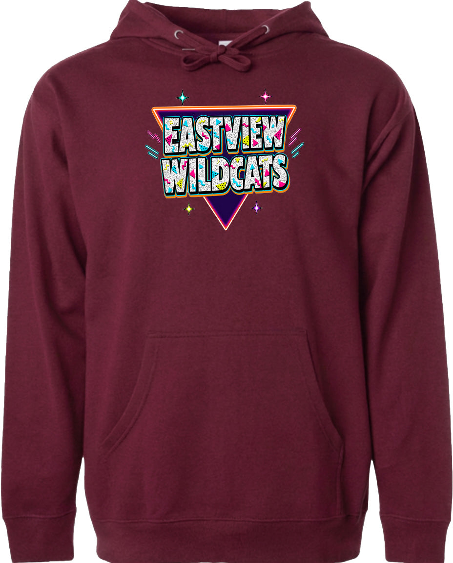 A burgundy hoodie with a graphic design featuring the text "EASTVIEW WILDCATS" in a colorful, retro-style font.