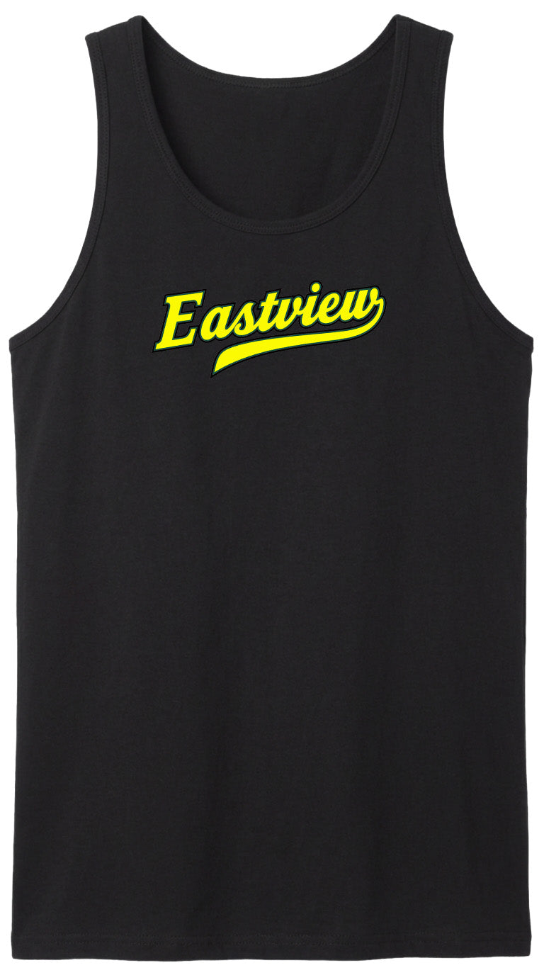 A black tank top with the word "Eastview" printed in yellow on it.