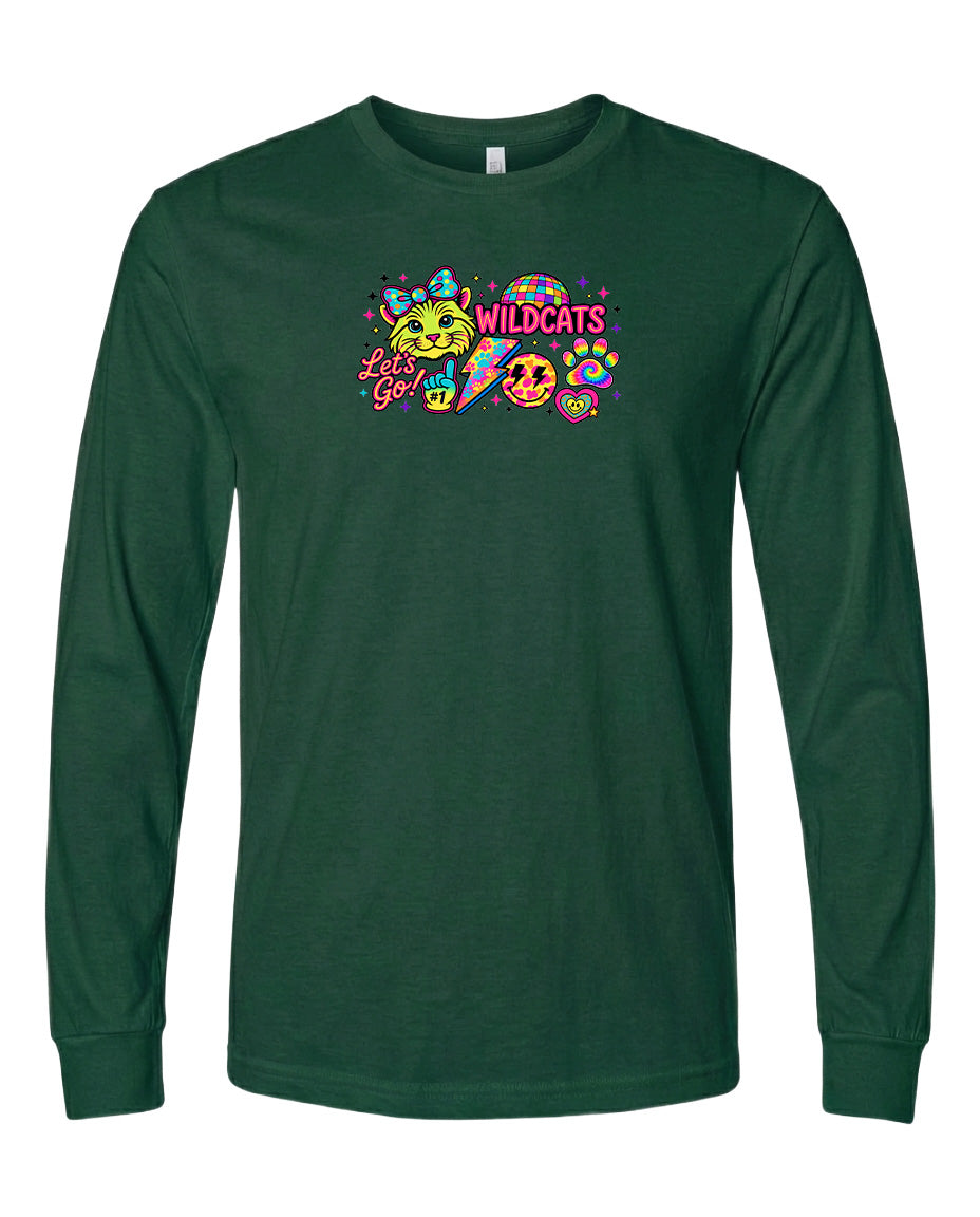 A long-sleeved green t-shirt with a colorful graphic design featuring a smiling face, a rainbow, and the text "Wildcats" and "Go!"