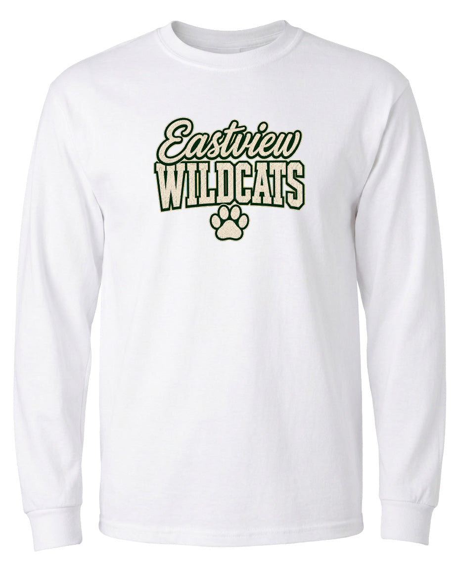 A white long-sleeved t-shirt with the text "Eastview Wildcats" printed on it.