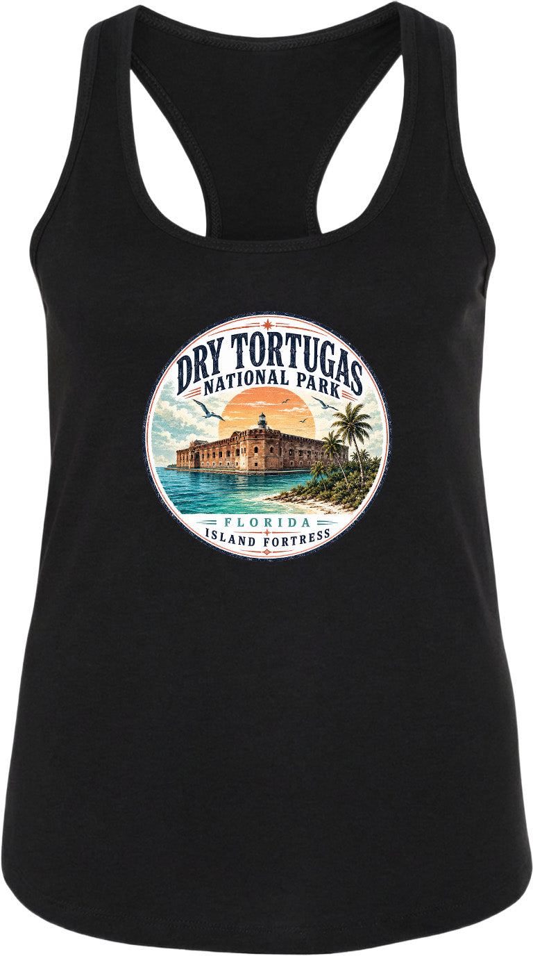 A black tank top with a circular graphic design featuring the Dry Tortugas National Park in Florida, including a building and palm trees.