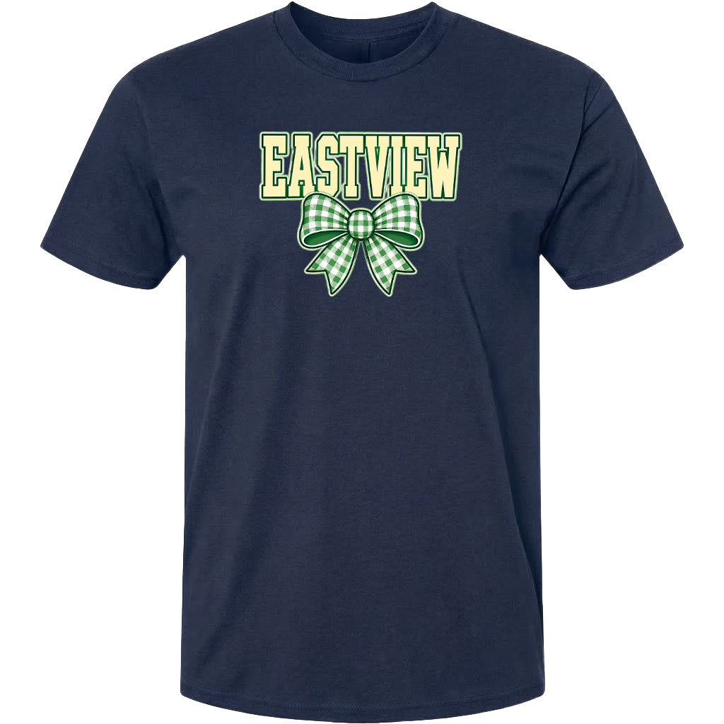 A navy blue t-shirt with a green and white bow graphic and the word "EASTVIEW" printed on it.