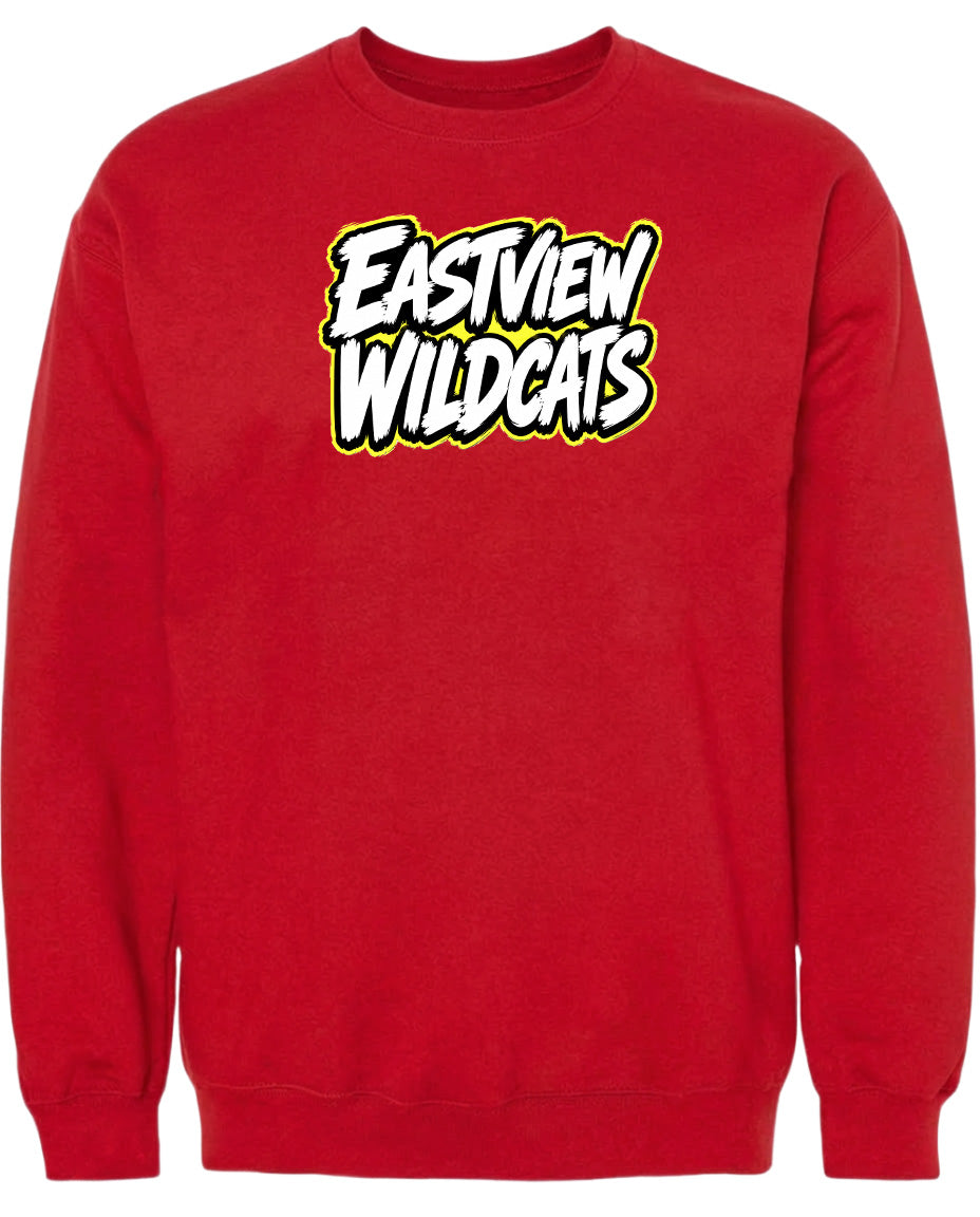 A red sweatshirt with the text "EASTVIEW WILDCATS" printed on it.