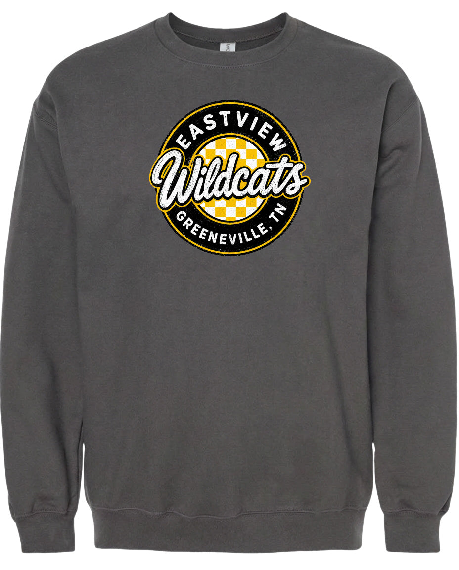 A gray sweatshirt with a circular logo on the front.