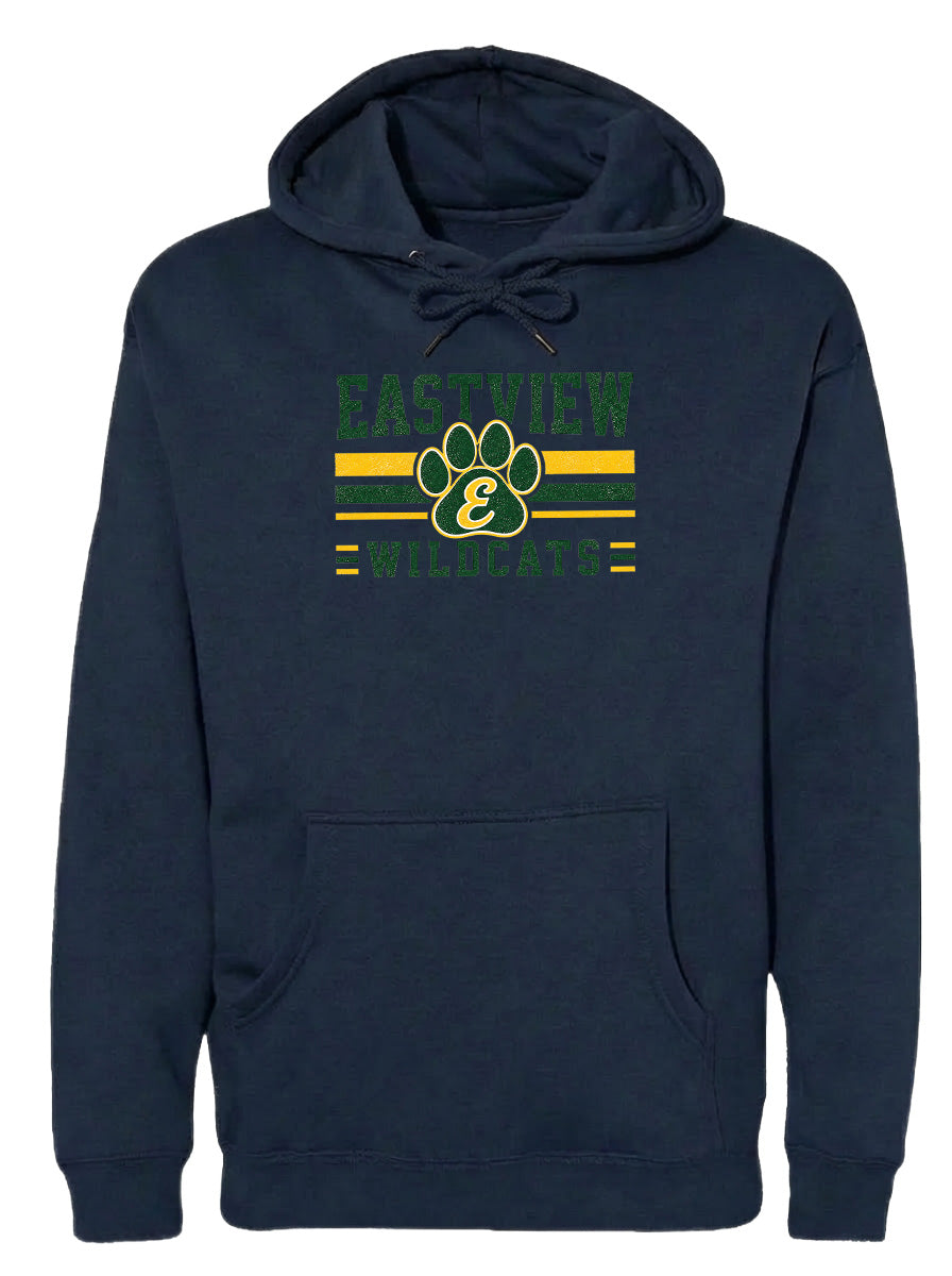 A navy blue hoodie with a graphic design featuring a paw print and the text "EASTVIEW WILDCATS" printed on it.