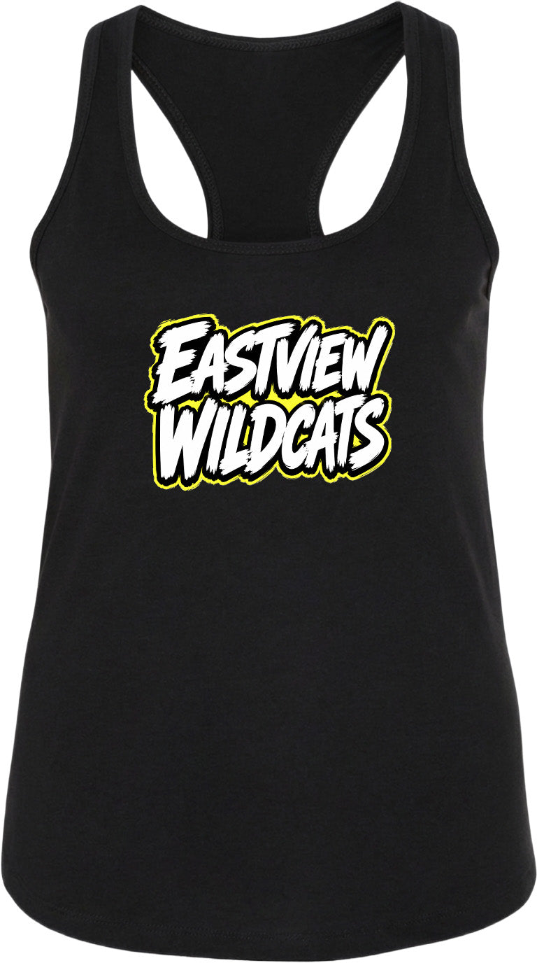 A black tank top with the text "EASTVIEW WILDCATS" printed on it in white and yellow lettering.