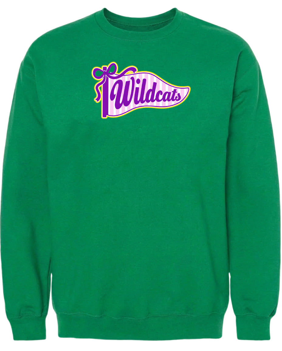 A green sweatshirt with a purple and pink banner that says "Wildcats" on it.