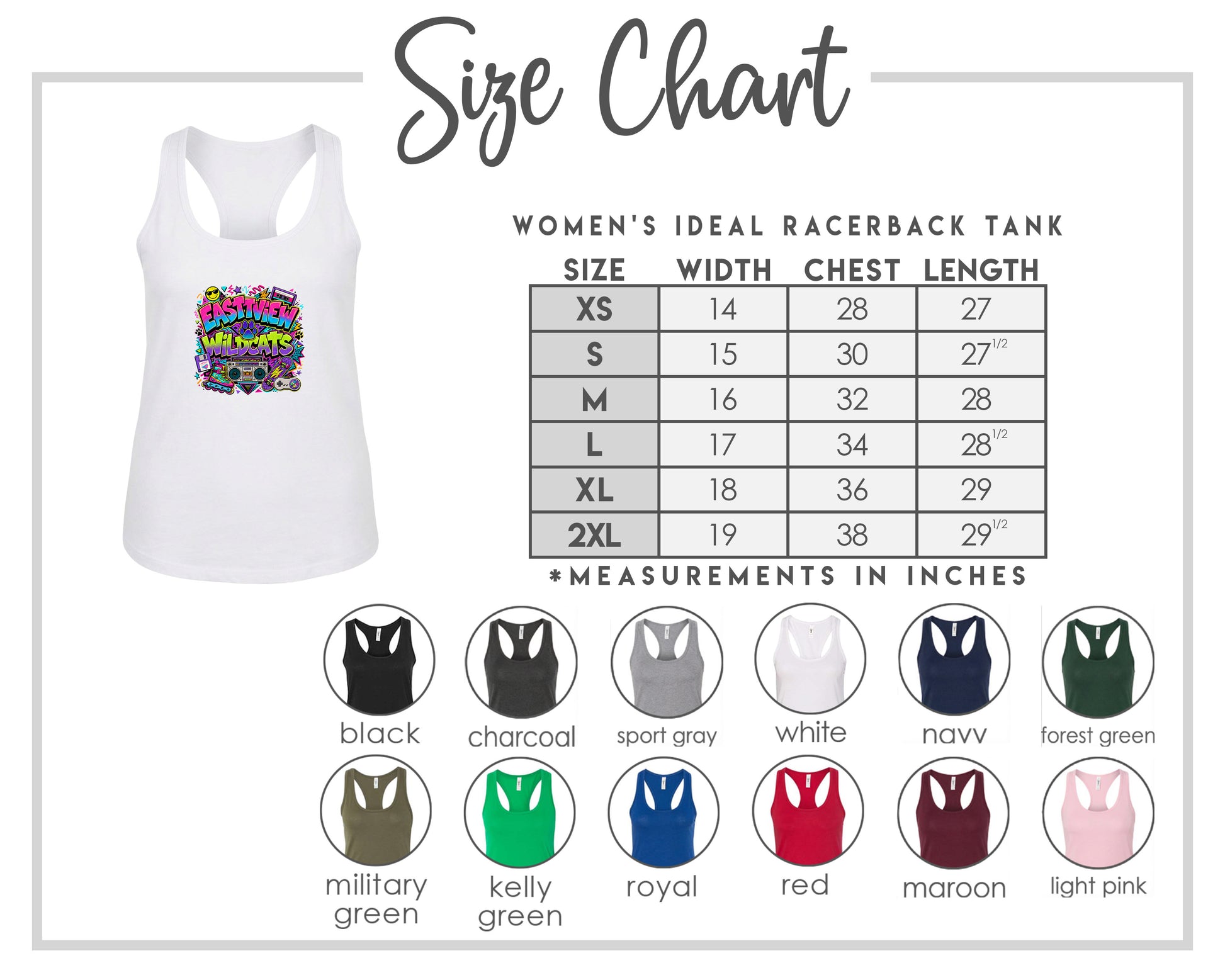 The image is a size chart for a women's ideal racerback tank, including various color options and corresponding chest measurements.