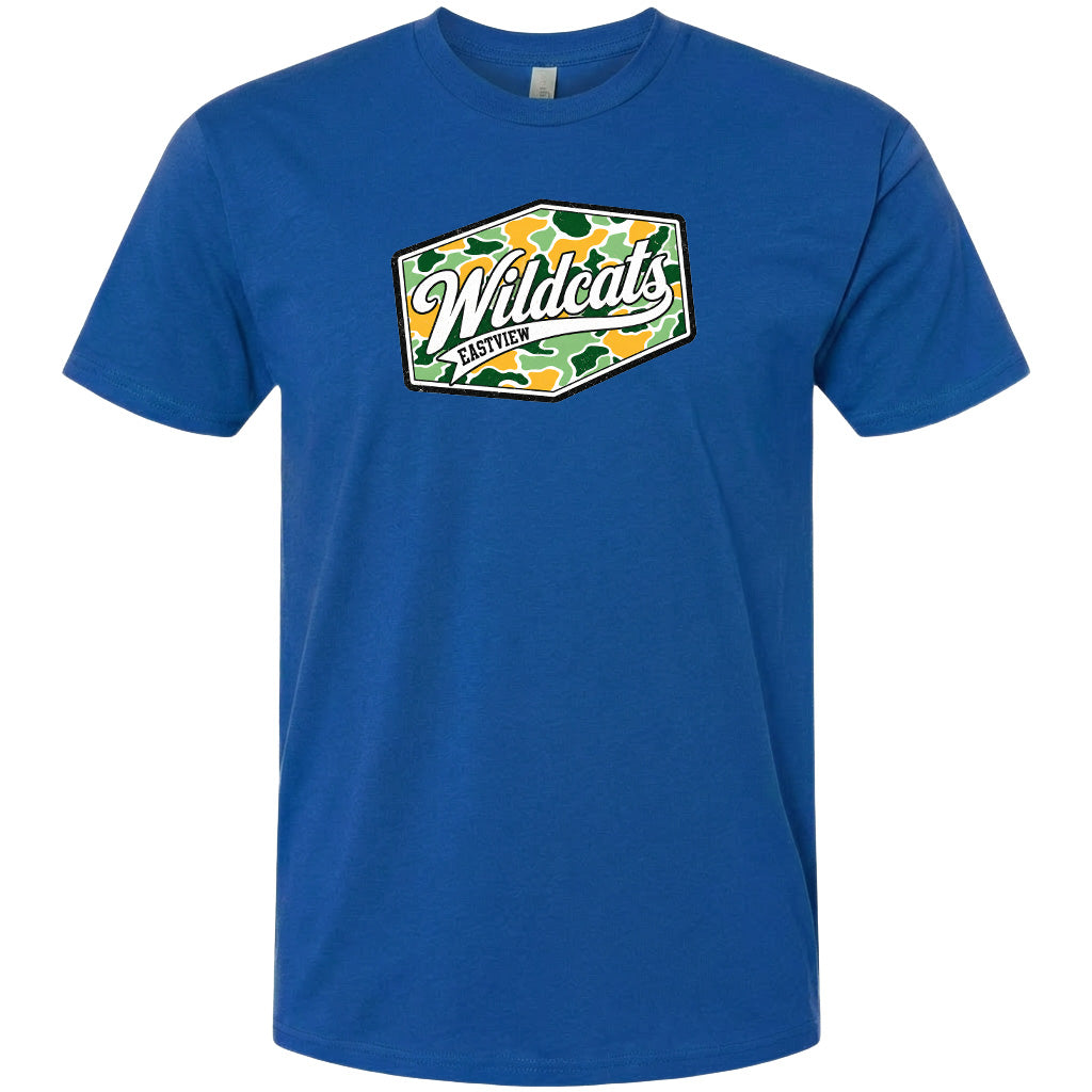 A blue t-shirt with a graphic design featuring the word "Wildcats" in a stylized font.