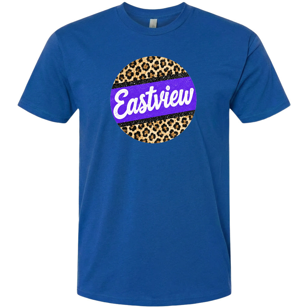 A blue t-shirt with a circular graphic design featuring a leopard print pattern and the word "Eastview" written in white cursive font.