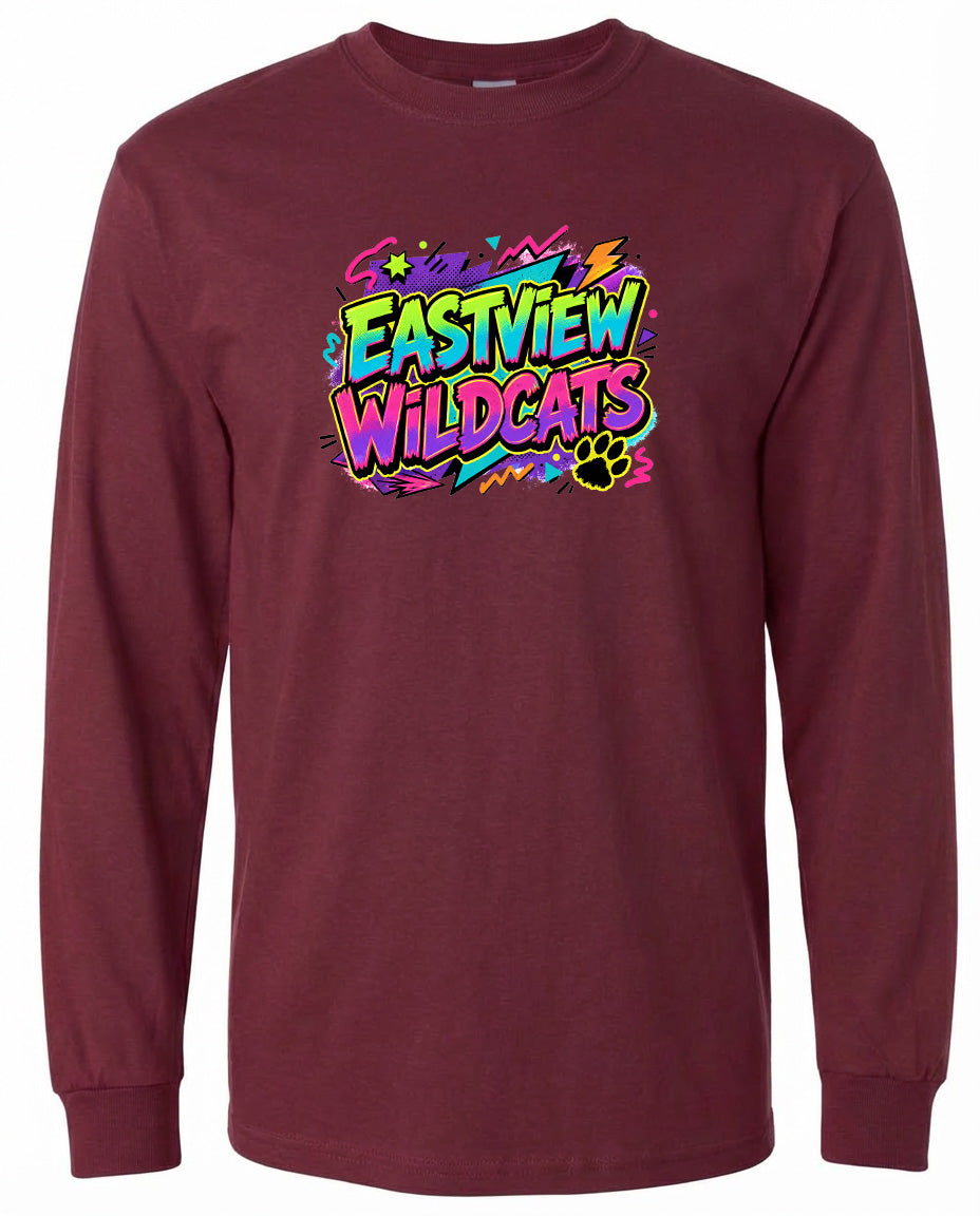 A burgundy long-sleeved t-shirt with a colorful graphic design featuring the text "EASTVIEW WILDCATS" in a vibrant, graffiti-style font.