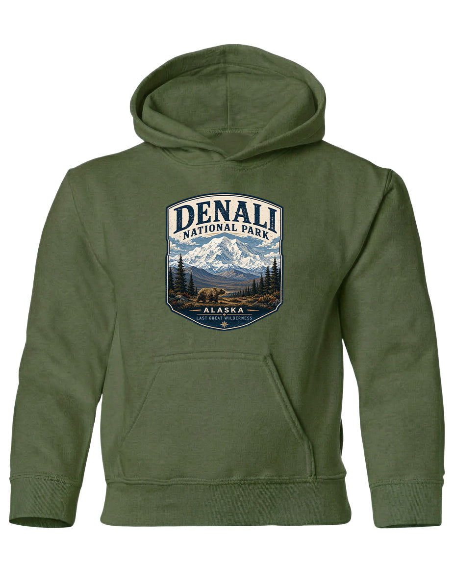 A green hoodie with a graphic design depicting the Denali National Park in Alaska.