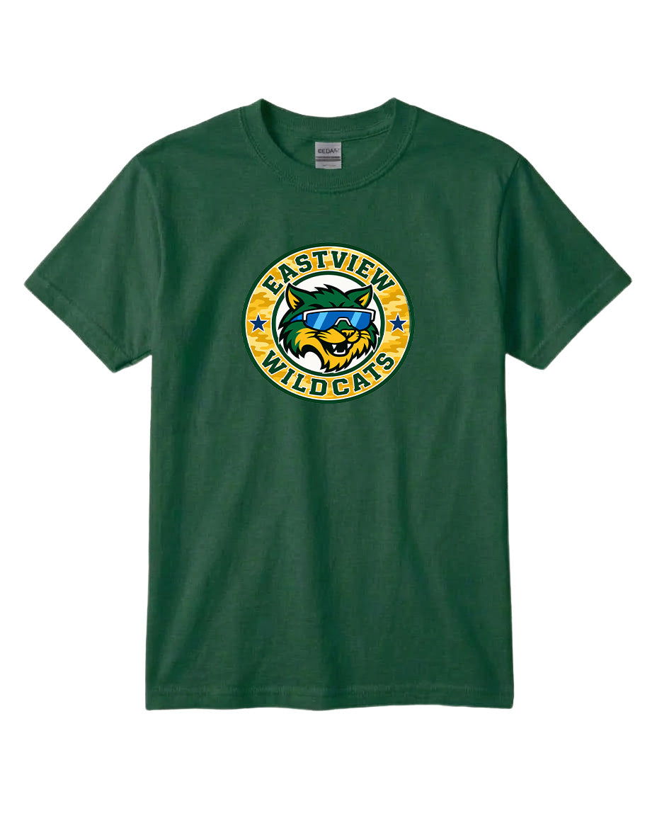 A green t-shirt with a graphic design featuring a cartoon-like wildcat wearing sunglasses and the text "EASTVIEW WILDCATS".