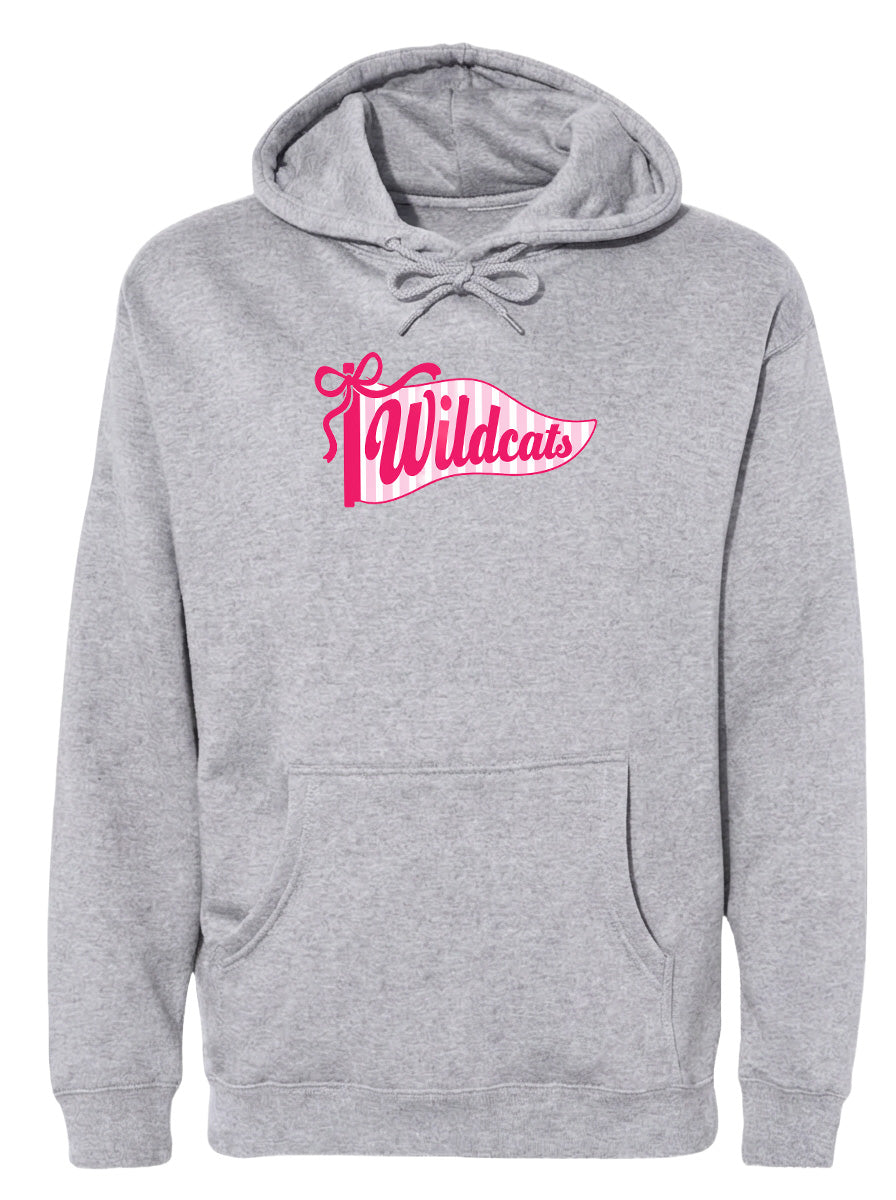 A gray hooded sweatshirt with a pink and white banner design featuring the word "Wildcats" printed on it.