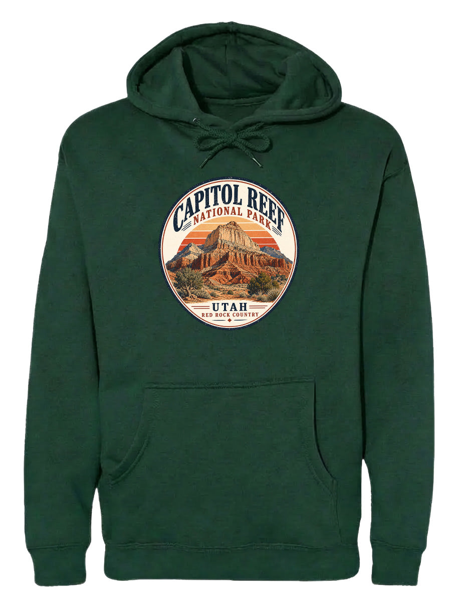 A green hoodie with a circular design featuring the Capitol Reef National Park and Utah.