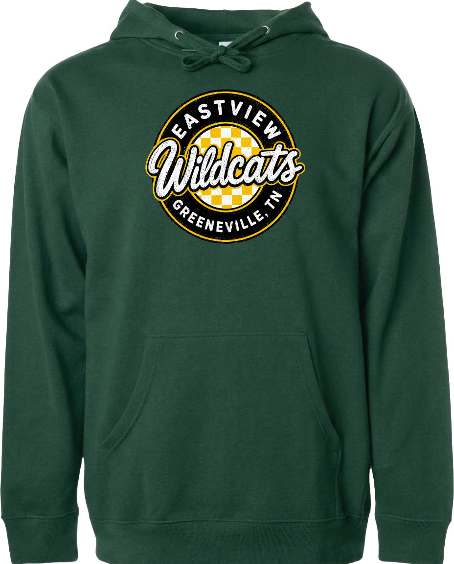 A dark green hoodie with a circular logo on the front.