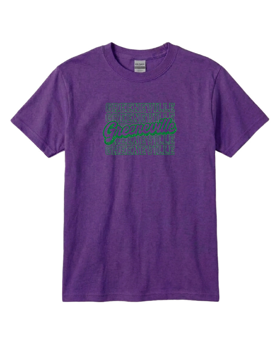 A purple t-shirt with a graphic design featuring the text "Greenville" repeated in a pattern across the front.