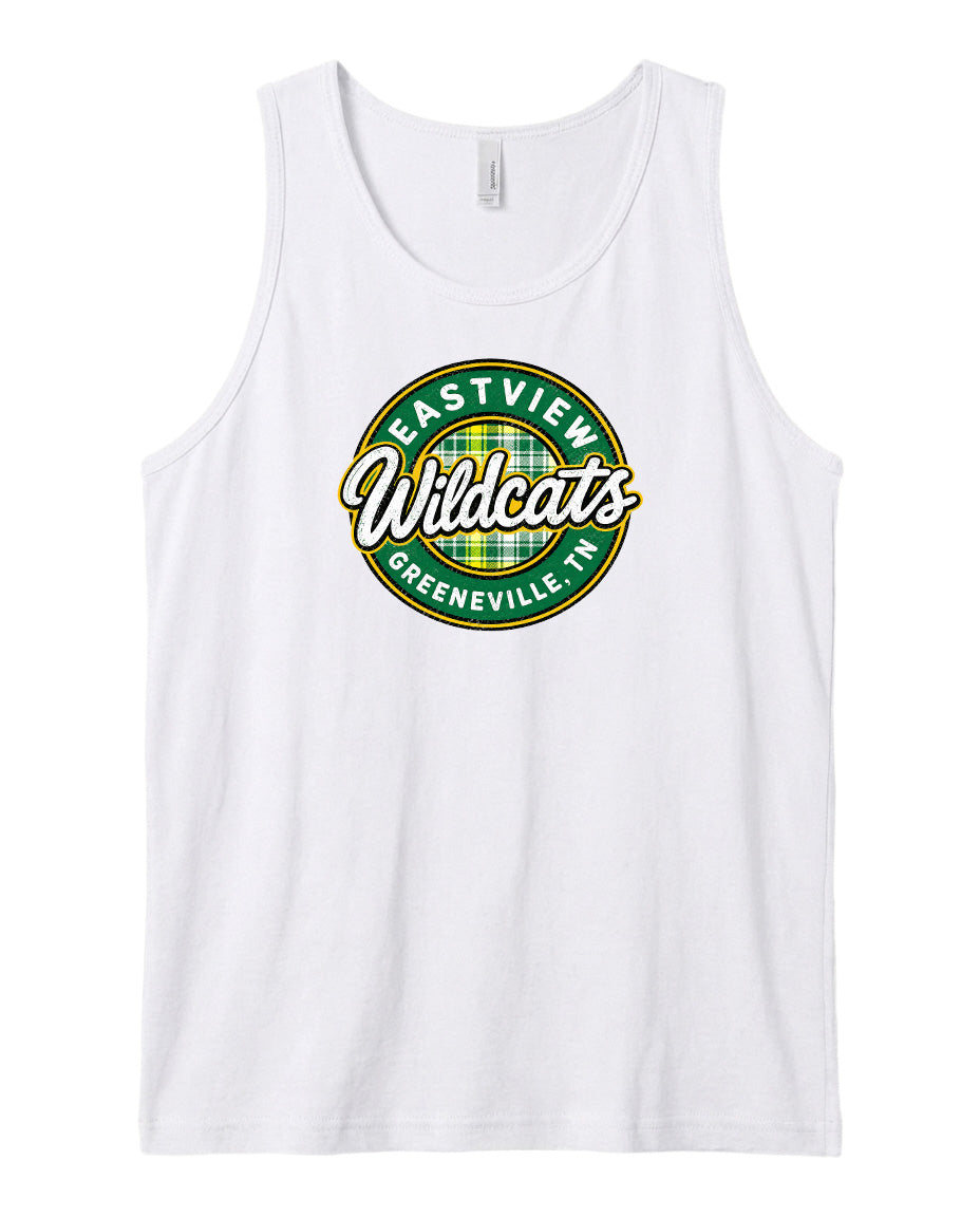 A white tank top with a circular logo that says "EASTVIEW Wildcats Greeneville, TN".