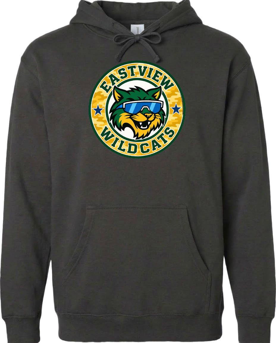 A black hoodie with a graphic design featuring a cartoon cat wearing sunglasses and the text "EASTVIEW WILDCATS" around it.