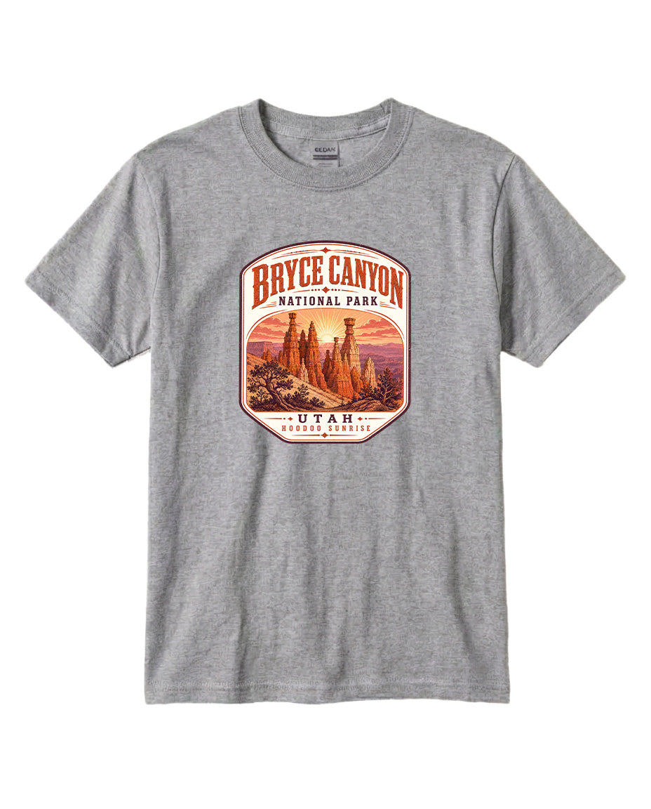 A gray t-shirt with a graphic design depicting the Bryce Canyon National Park in Utah.