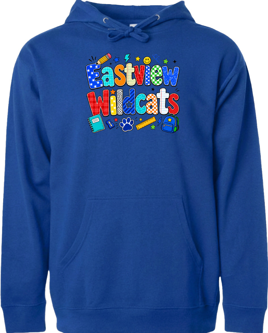 A blue hoodie with the text "Eastview Wildcats" printed on it.