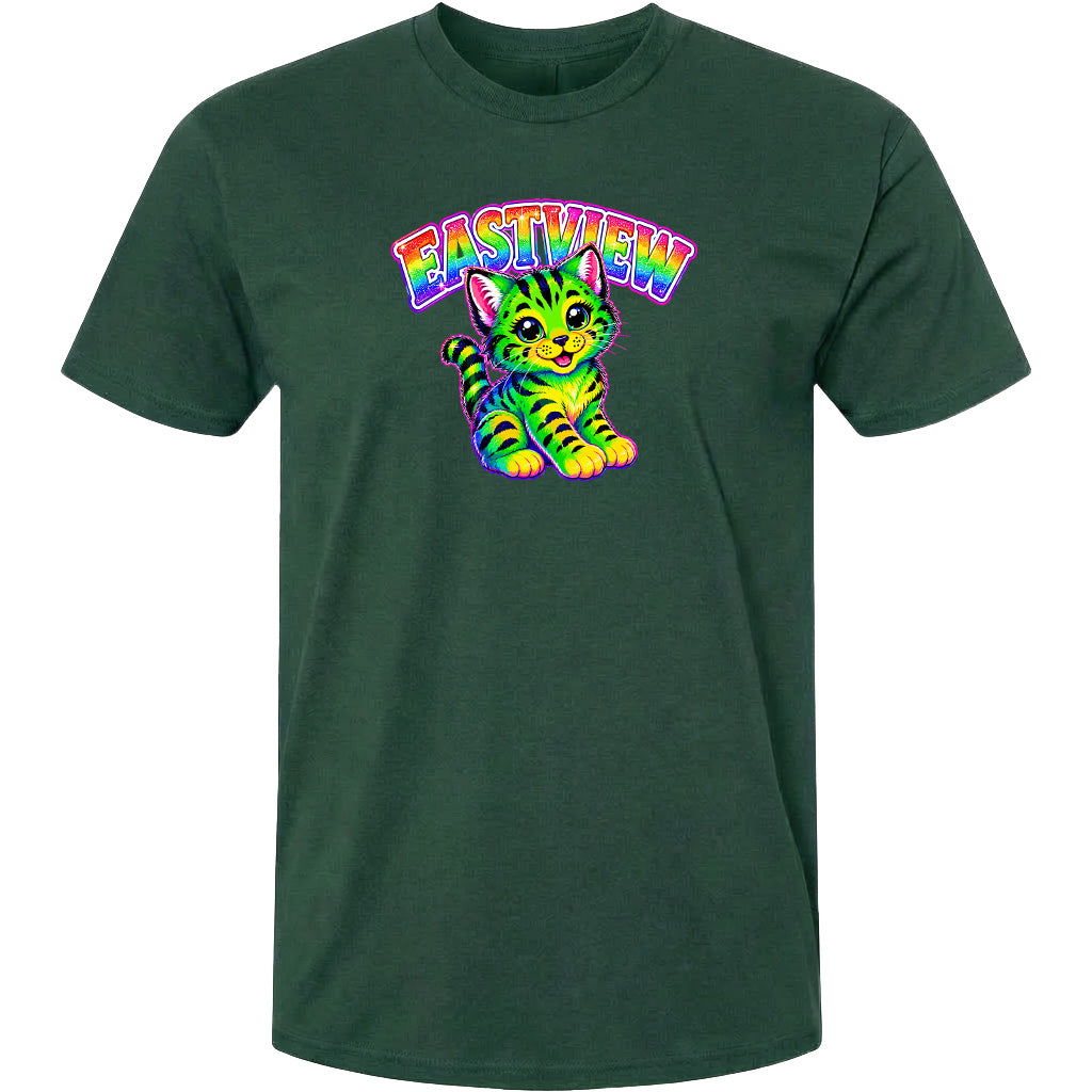 A green t-shirt with a colorful graphic of a cat and the text "EASTVIEW" printed on it.
