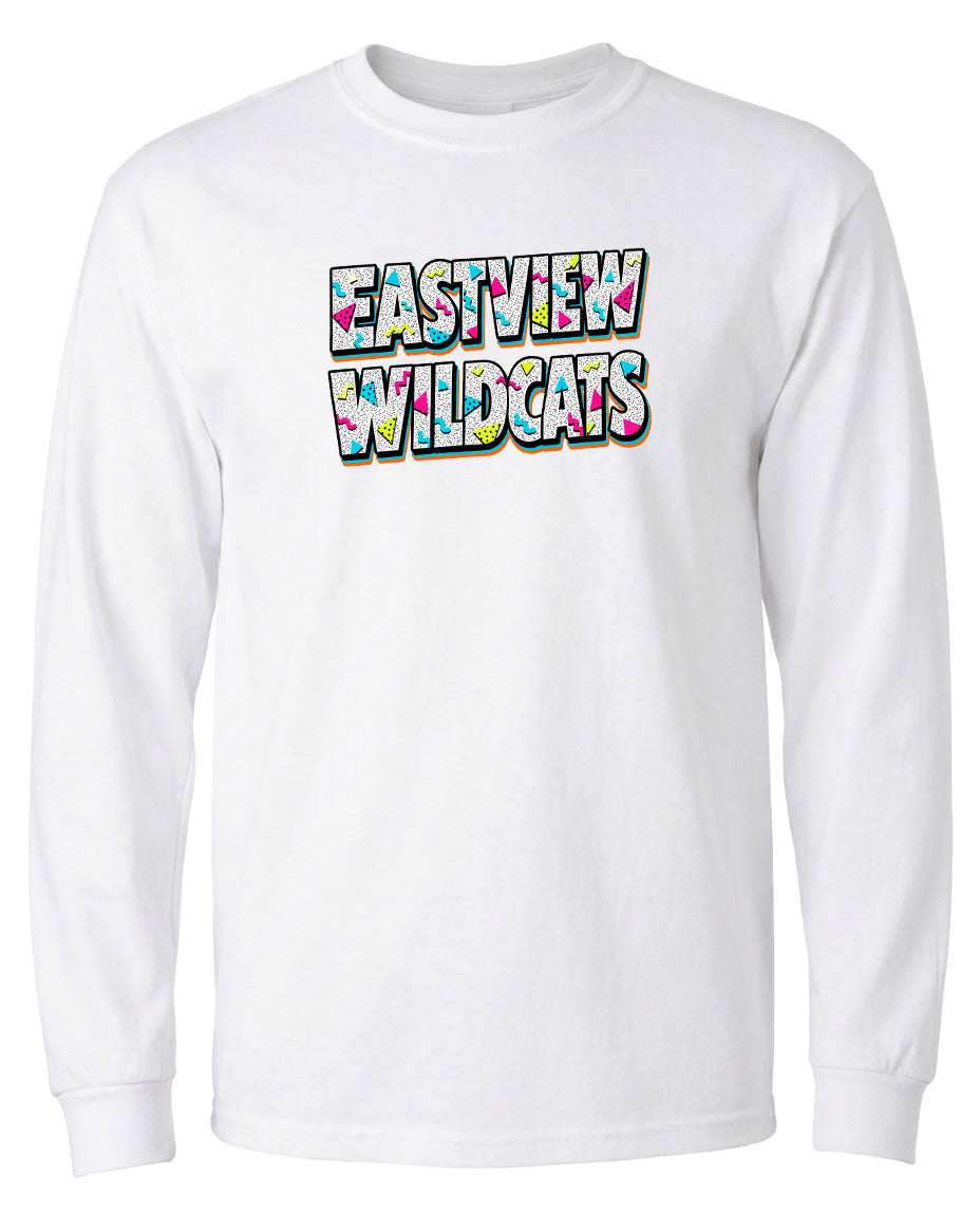 A white long-sleeved t-shirt with the text "EASTVIEW WILDCATS" printed on it in a colorful, stylized font.