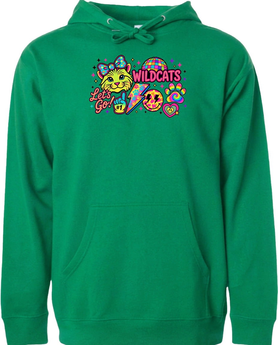 A bright green hoodie with a colorful graphic design featuring a cartoon cat, a rainbow, and various other elements.