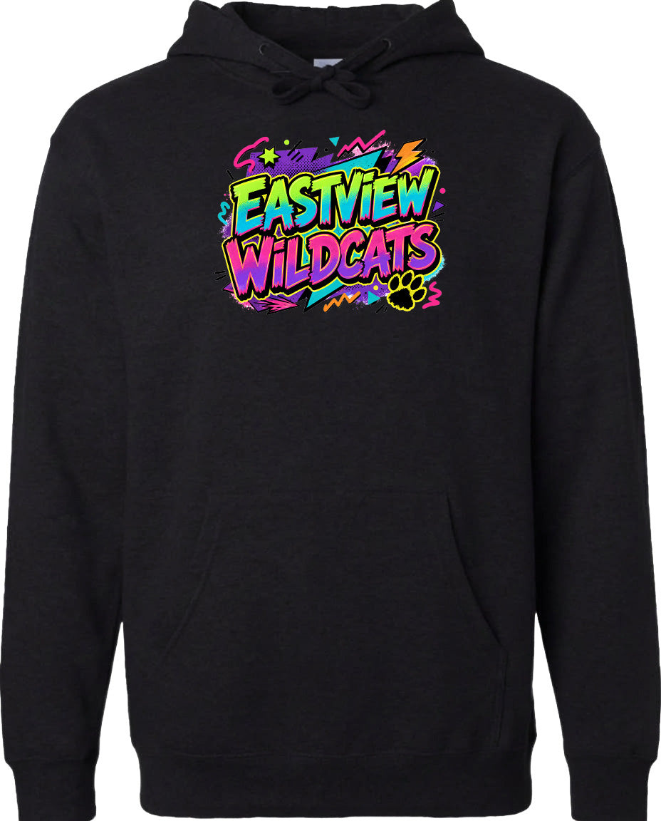 A black hoodie with a colorful graphic design featuring the text "EASTVIEW WILDCATS" and a paw print.