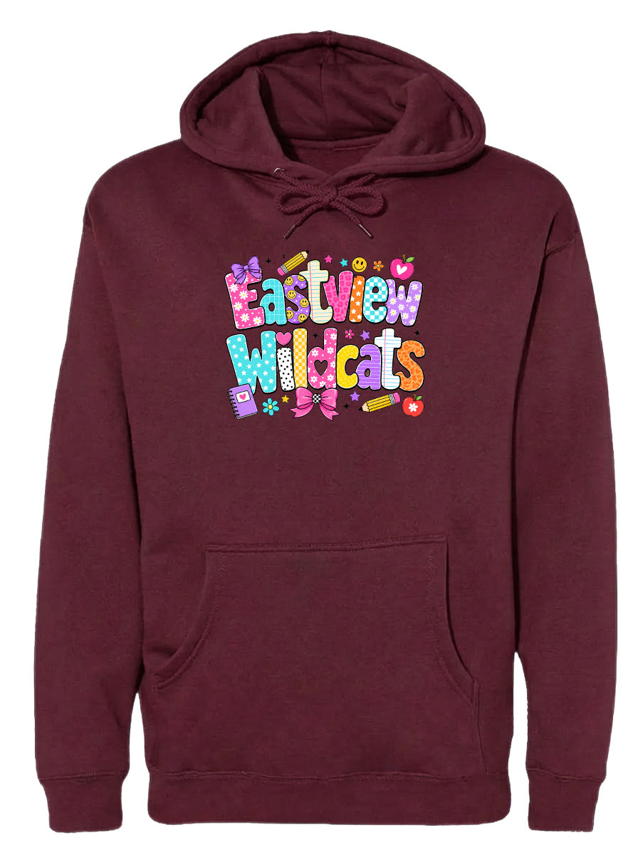 A burgundy hoodie with a colorful graphic design featuring the text "Eastview Wildcats" and various decorative elements.