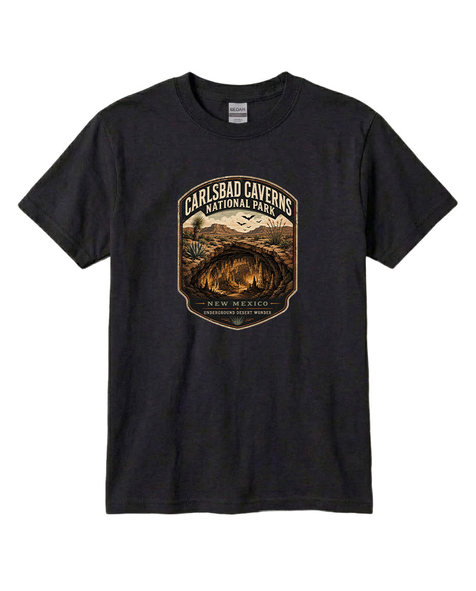 A black t-shirt with a graphic design depicting the entrance to Carlsbad Caverns National Park in New Mexico.