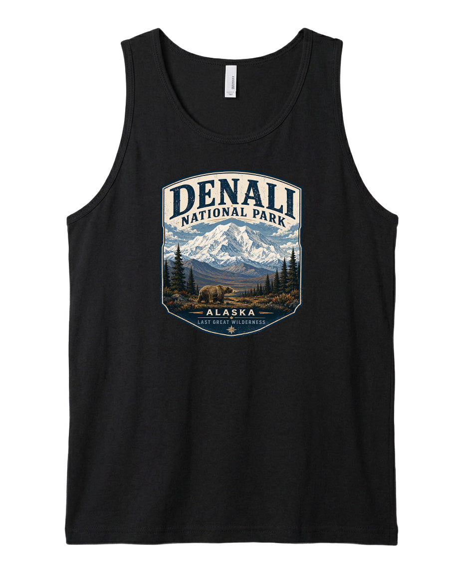 A black tank top with a graphic design depicting Denali National Park in Alaska, featuring a mountain landscape and a bear.