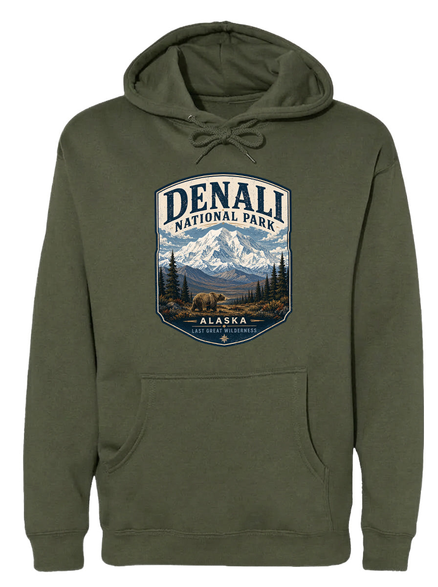 A hooded sweatshirt with a graphic design featuring a mountain landscape and the text "DENALI NATIONAL PARK ALASKA LAST GREAT WILDERNESS".