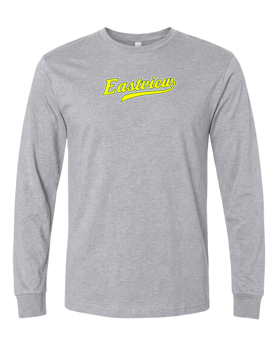 A gray long-sleeved t-shirt with a yellow text logo on the front.